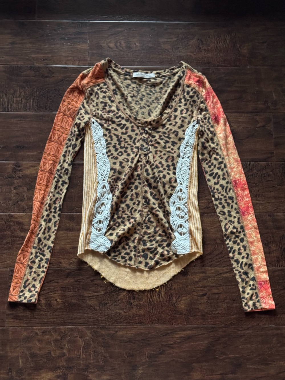 We The Free Leopard Print Long Sleeve Shirt Lace Side Panels & Patchwork Sleeves